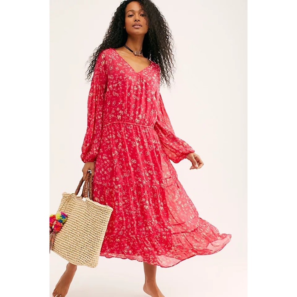 Free People Wall Flower Red Maxi Dress Womens Sz Large Bohemian Boho Floral NEW